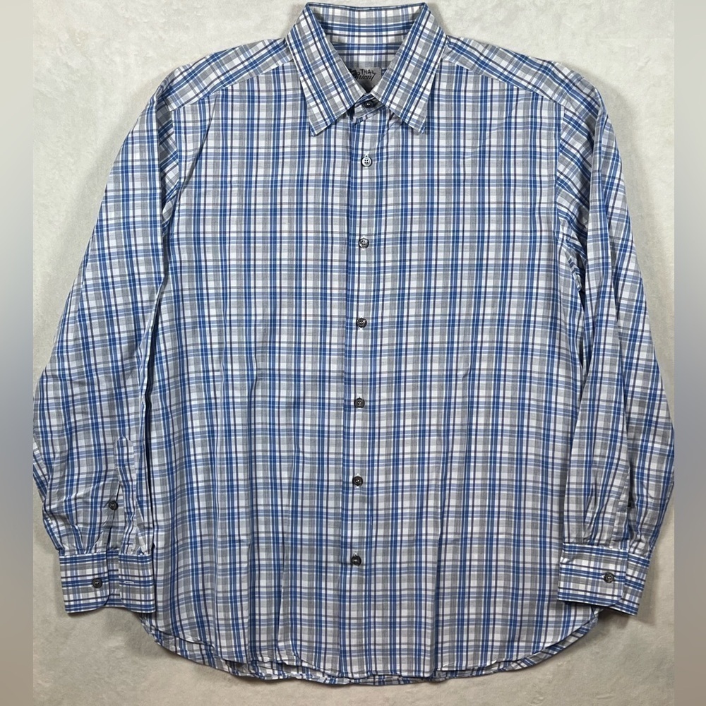 Brioni XL Navy Plaid 100% Cotton Button Front Summer Plaid Pointed Collar Shirt